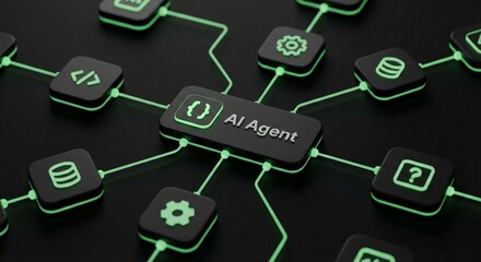 ​Artificial Intelligence Agent Concept with Glowing Green Connection Lines on Dark Background