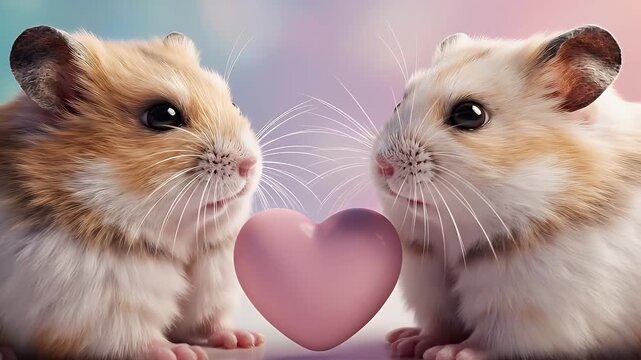 Hamsters in Love with Pink Heart - Two cute hamsters face each other with a pink heart floating between them. The hamsters have fluffy fur and adorable expressions.