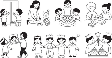 Fototapeta premium Various scenes depicting children and adults engaged in family activities holiday celebrations and play