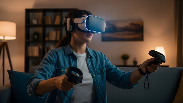 Woman enjoying immersive virtual reality gaming experience at home - Powered by Adobe