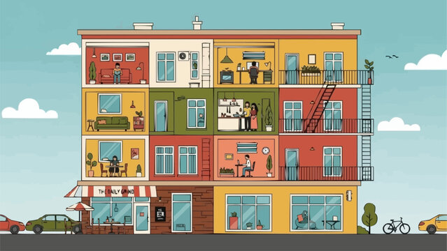Cross section of a colorful apartment building showing different units and activities.