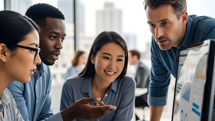 Multicultural business team analyzing data on a computer screen