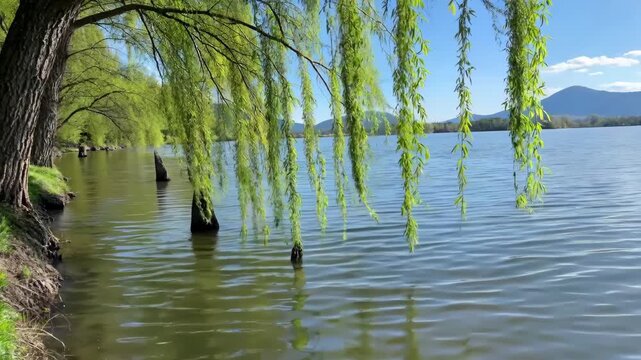 Weeping willow natural scenery by the lake