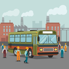 Industrial Scene with People Around a Bus in Front of Factories
