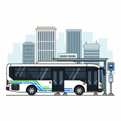City Bus Waiting at Urban Transit Station with Modern Skyscrapers in Background