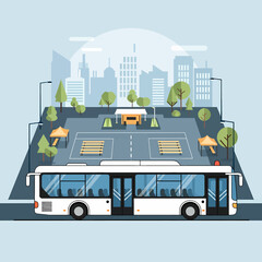City bus parked at a modern urban transport hub with cityscape and trees