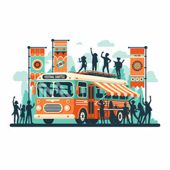 Vibrant Food Truck Scene with Dancing People and Colorful Decorations