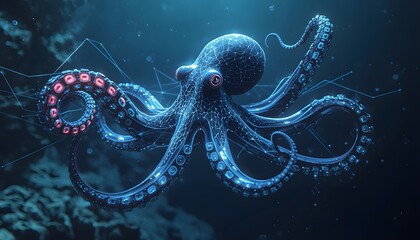 Futuristic cybernetic octopus with geometric wireframe mesh and glowing data points