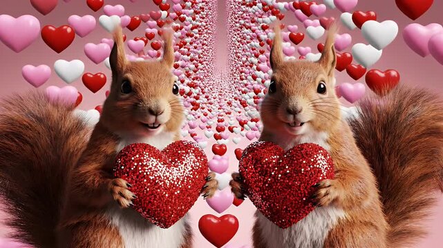Squirrels Holding Hearts in Valentine's Day Scene - Two cute squirrels hold large, glittery red hearts against a backdrop of floating pink, white, and red hearts.
