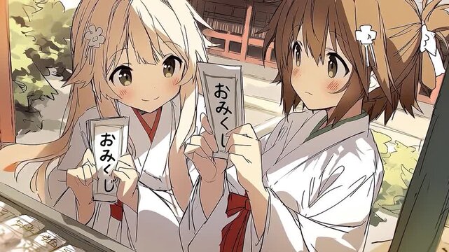 Two Cute Shrine Maidens Holding Omikuji at a Japanese Shrine on New Year

