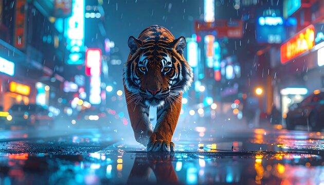 A majestic tiger strides confidently down a rain-slicked city street, neon lights illuminating the night. A captivating scene