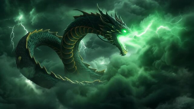 Majestic dragon unleashing green lightning amidst dark stormy clouds, captivating mythical creature art