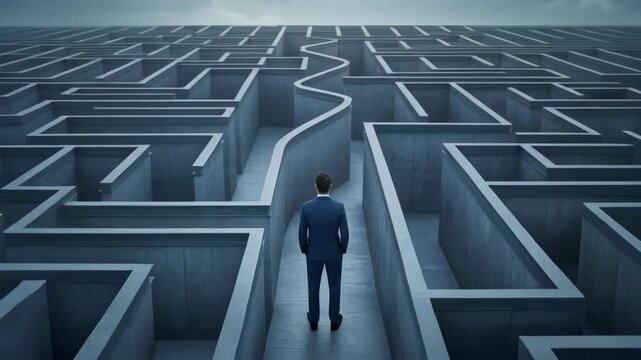 A businessman contemplating a complex maze symbolizing challenges in life and decision-making.