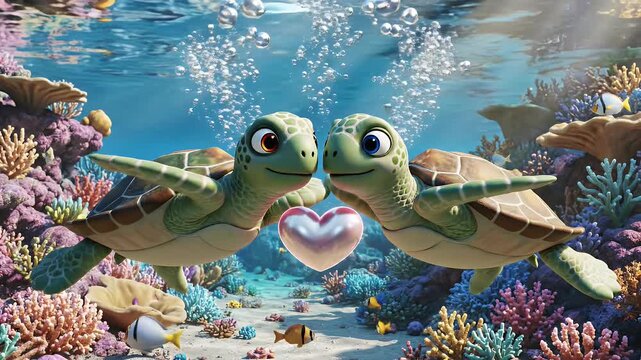 Cartoon Sea Turtles in Love - Two cartoon sea turtles face each other in a colorful coral reef environment. They hold a pink pearl heart between them with light shining through the clear water.