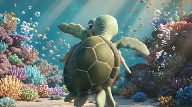 Cartoon Turtles in Love Underwater - Two cartoon turtles, one green and one pink, are facing each other underwater, creating a romantic scene with a heart shape in between them.