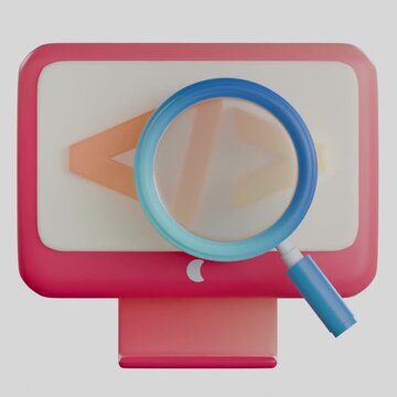 A 3D computer screen displaying code brackets under a magnifying glass representing software development and code review