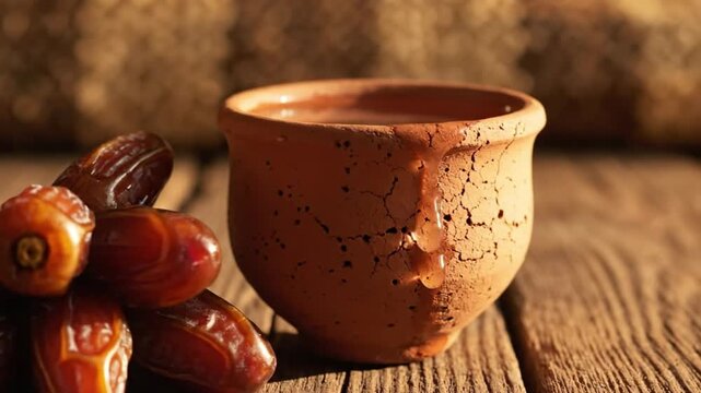 A clay cup sits beside a pile of dates on a weathered wooden table