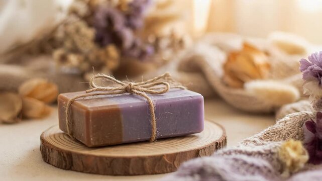 Handmade soap bar with natural ingredients on wooden slice surrounded by dried flowers