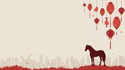 Chinese traditional lunar new year Spring Festival celebration in Asia. A stylized depiction of a horse standing atop a hill, surrounded by vibrant red lanterns, against a backdrop of a cityscape.