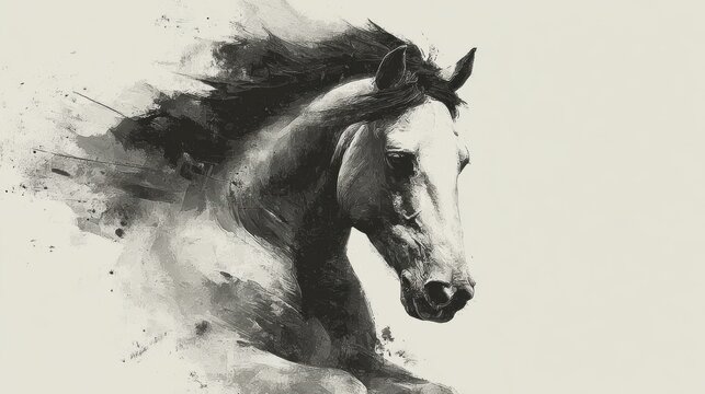 Chinese traditional lunar new year Spring Festival celebration in Asia. A monochromatic painting of a horse with a flowing mane against a white background. The horse is rendered in black and white.