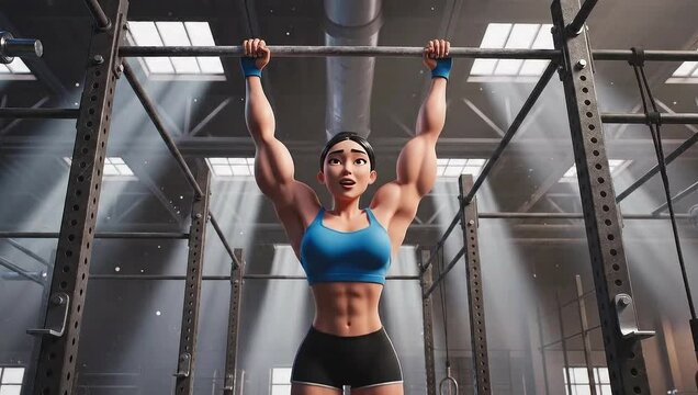Animated Fitness: Strong Woman Performing Pull-ups in a Gym