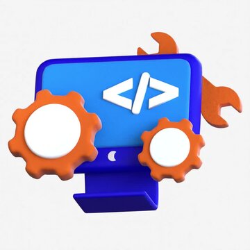 3D computer monitor with coding brackets gears and a wrench representing website development technical SEO and system optimization