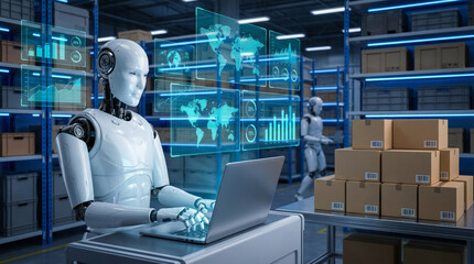 Humanoid factory worker robot warehouse automation logistics technology future industry ai smart robotic operator managing inventory and data
