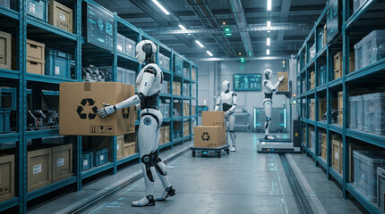 Humanoid factory worker robot warehouse automation logistics technology future industry ai busy efficient carrying box