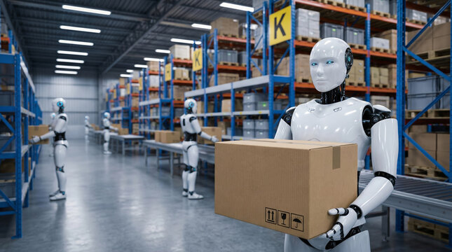 Humanoid factory worker robot warehouse automation logistics technology future industry ai carrying box busy storage facility with shelving