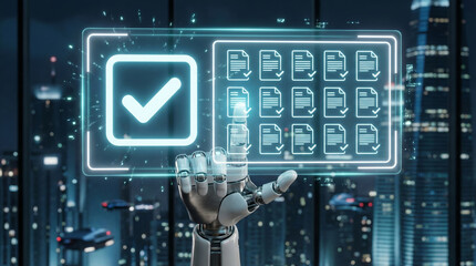 Agentic ai workflow artificial intelligence technology automation robot hand selecting digital document checklist futuristic city interface with