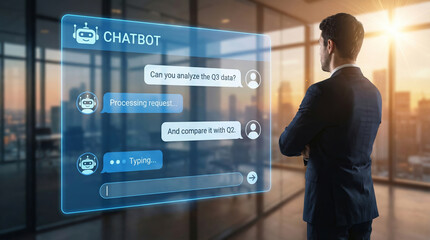 Agentic ai workflow artificial intelligence technology automation chatbot interface modern office with businessman viewing holographic