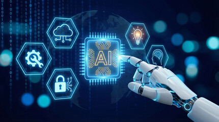 Agentic ai workflow artificial intelligence technology automation robot hand touching ai chip glowing icons futuristic digital concept showing