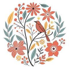 Illustrated bird and flowers
