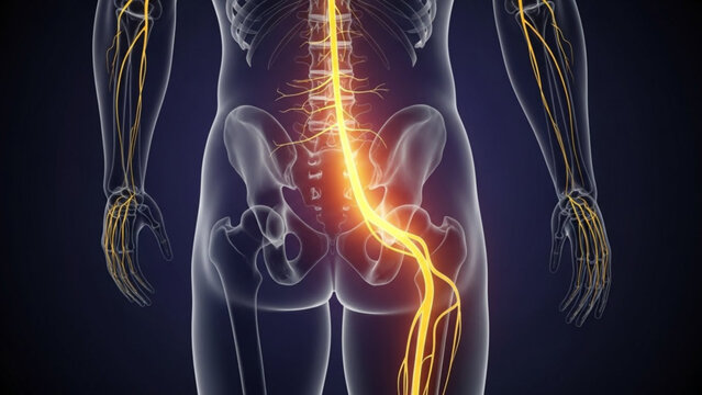 Human body with highlighted sciatic nerve and glowing spine on dark background