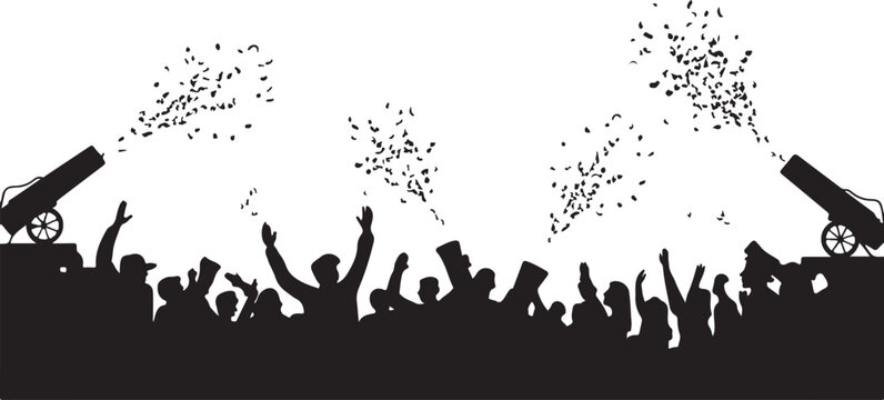 Silhouette crowd with fireworks and cannons people