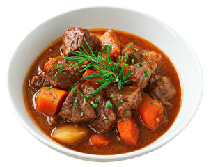 Hearty beef stew in white bowl, garnished with rosemary. Rich and savory