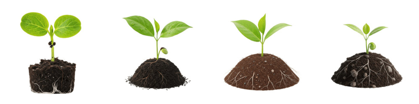 Set of four young green plant saplings growing in organic soil isolated on white background - Concept of growth, nature, and environmental sustainability