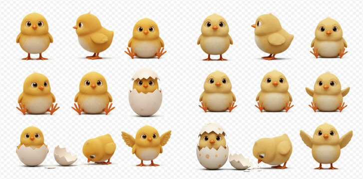 Cute little yellow chicks in various poses, some hatching from eggs, isolated on a transparent background.