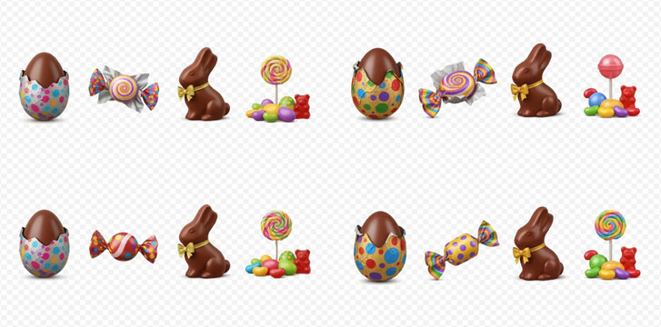 Set of chocolate Easter eggs, bunnies, wrapped candies, lollipops, and gummy bears.