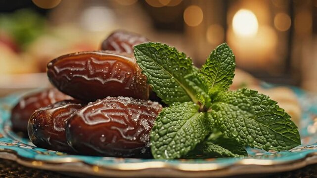 A serene still life of dates and mint leaves on an ornate plate viewed from a close-up perspective in a warm environment