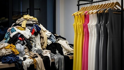 Clothes on a table and neatly hung dresses on a rack in a store
