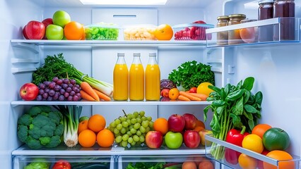 Colorful Fruits and Vegetables Organized in a Refrigerator