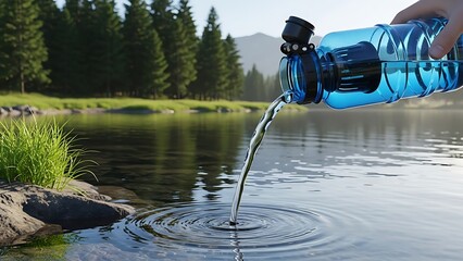 Blue Water Bottle Pouring Water into a Lake with Trees and Mountains in the Background
