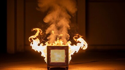 Burning grid-patterned emitting large flames on wooden floor