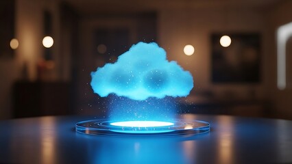 Blue glowing cloud on a circular platform in a dimly lit room