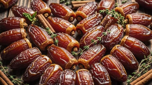 A close-up view of dates and cinnamon sticks arranged with fresh herbs on a wooden surface