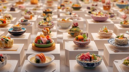 Collection of various small dishes arranged in a display at a food event in a bustling market