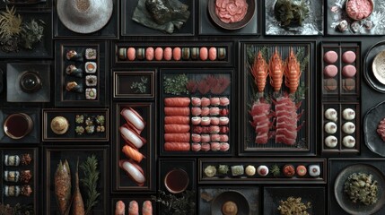 Sushi and sashimi spread with various types of fish and seafood arranged on black plates in a restaurant setting