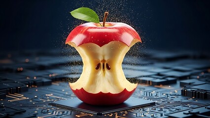 A Partially Eaten Red Apple with a Green Leaf on a Circuit Board Background