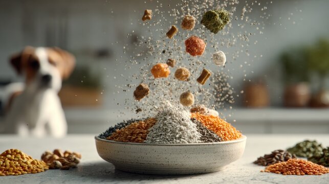Variety of spices and grains falling into a bowl on kitchen counter with dog observing - Powered by Adobe